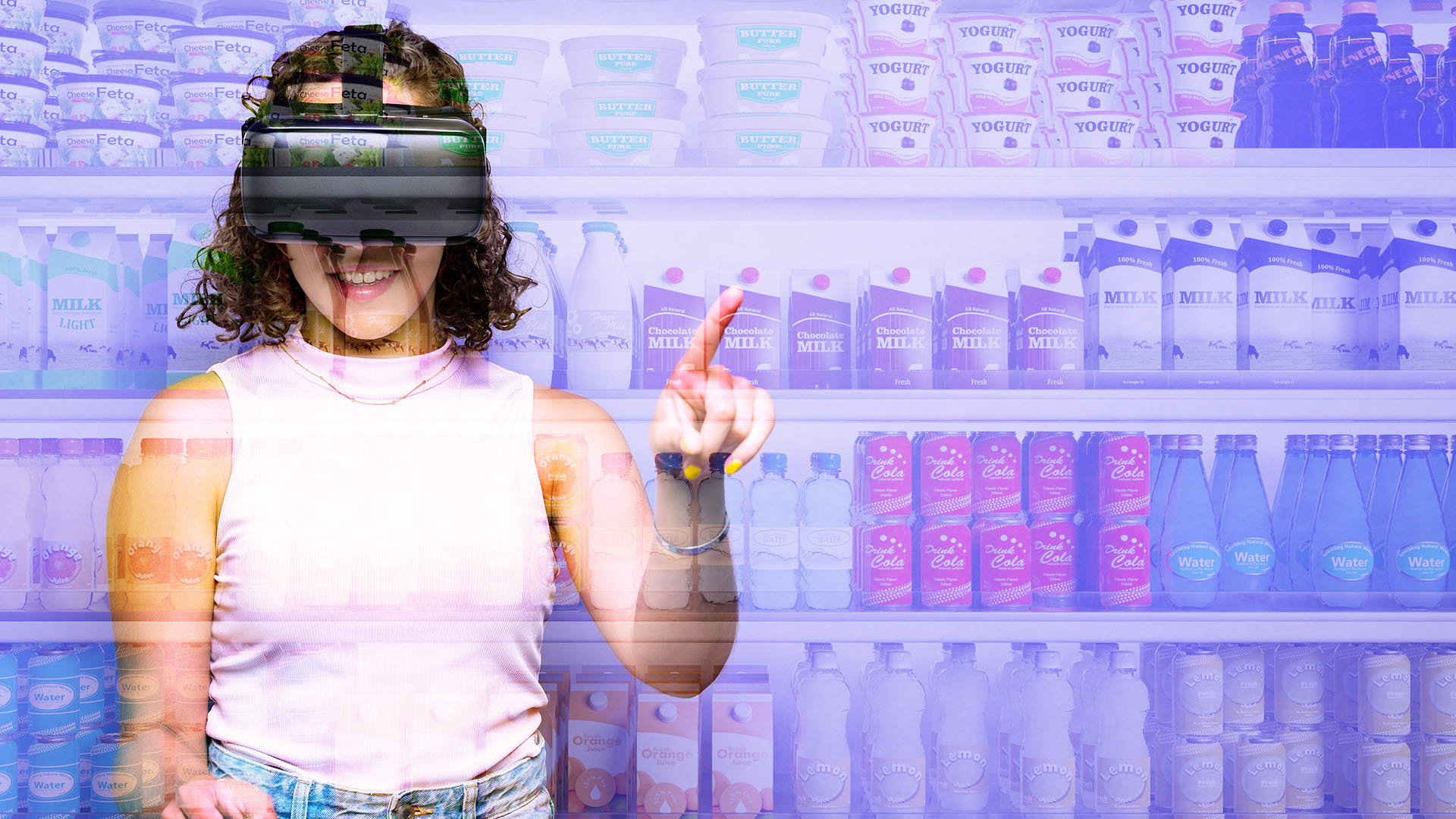 A woman wearing a VR headset is selecting groceries in the Metaverse.